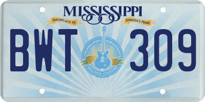 MS license plate BWT309
