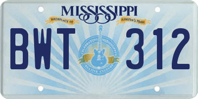 MS license plate BWT312