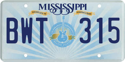MS license plate BWT315