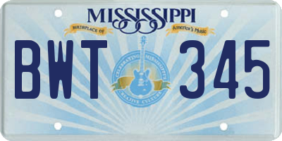MS license plate BWT345