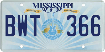 MS license plate BWT366