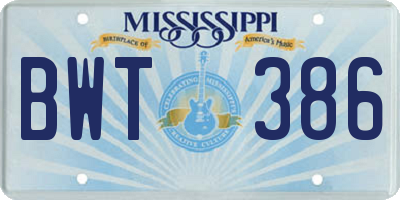 MS license plate BWT386