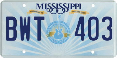 MS license plate BWT403