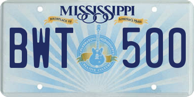 MS license plate BWT500