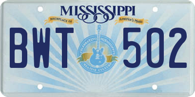 MS license plate BWT502