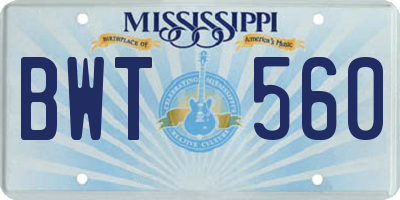 MS license plate BWT560