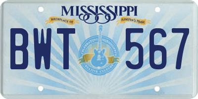 MS license plate BWT567