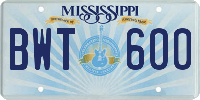 MS license plate BWT600