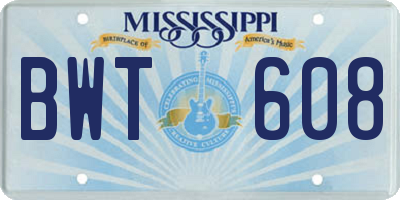MS license plate BWT608