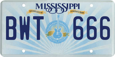MS license plate BWT666
