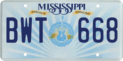 MS license plate BWT668