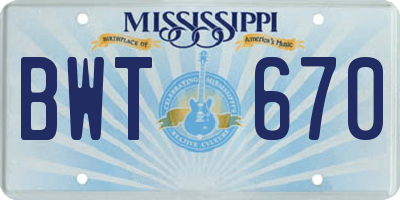 MS license plate BWT670