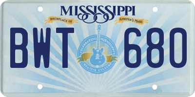 MS license plate BWT680