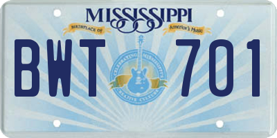MS license plate BWT701