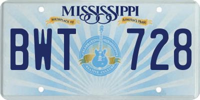 MS license plate BWT728