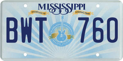 MS license plate BWT760