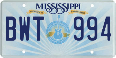 MS license plate BWT994