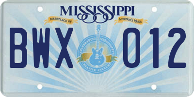 MS license plate BWX012