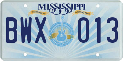 MS license plate BWX013