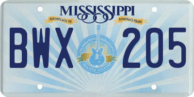 MS license plate BWX205