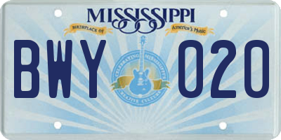 MS license plate BWY020