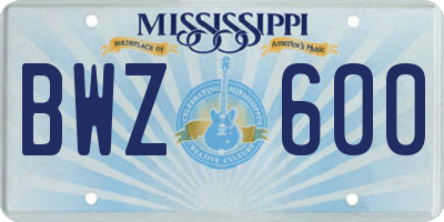 MS license plate BWZ600