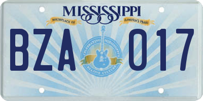 MS license plate BZA017