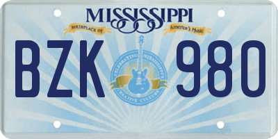 MS license plate BZK980