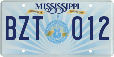 MS license plate BZT012