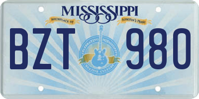 MS license plate BZT980