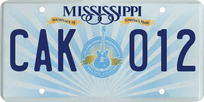 MS license plate CAK012