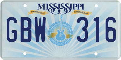 MS license plate GBW316