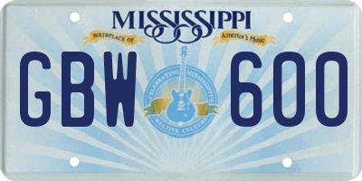 MS license plate GBW600