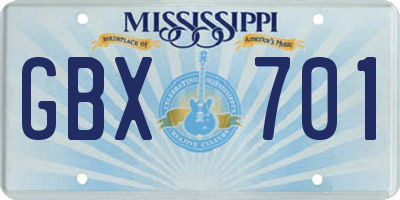 MS license plate GBX701