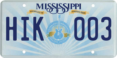 MS license plate HIK003