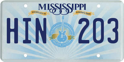 MS license plate HIN203