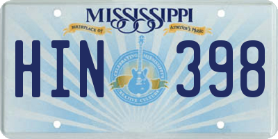 MS license plate HIN398