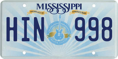 MS license plate HIN998