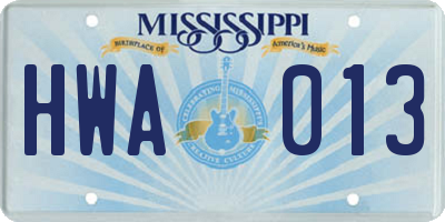 MS license plate HWA013