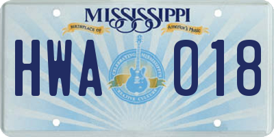 MS license plate HWA018