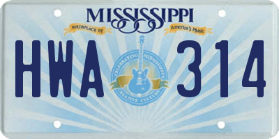 MS license plate HWA314
