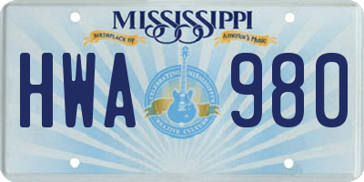 MS license plate HWA980
