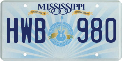 MS license plate HWB980