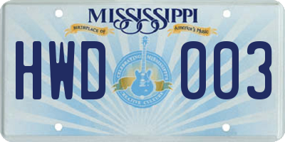 MS license plate HWD003