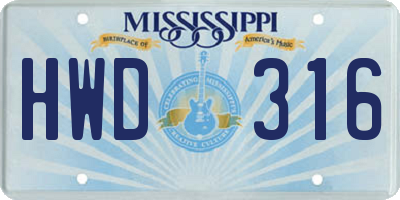 MS license plate HWD316