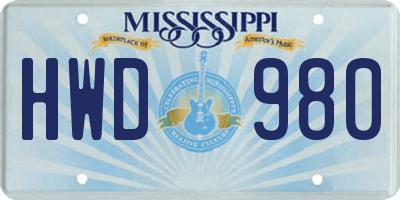 MS license plate HWD980
