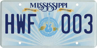 MS license plate HWF003