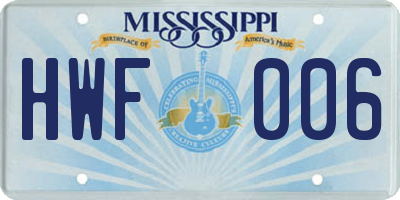 MS license plate HWF006