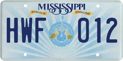 MS license plate HWF012