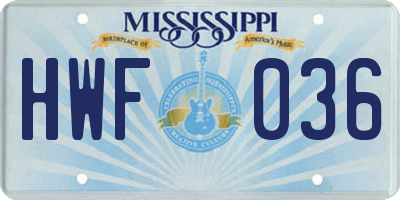 MS license plate HWF036